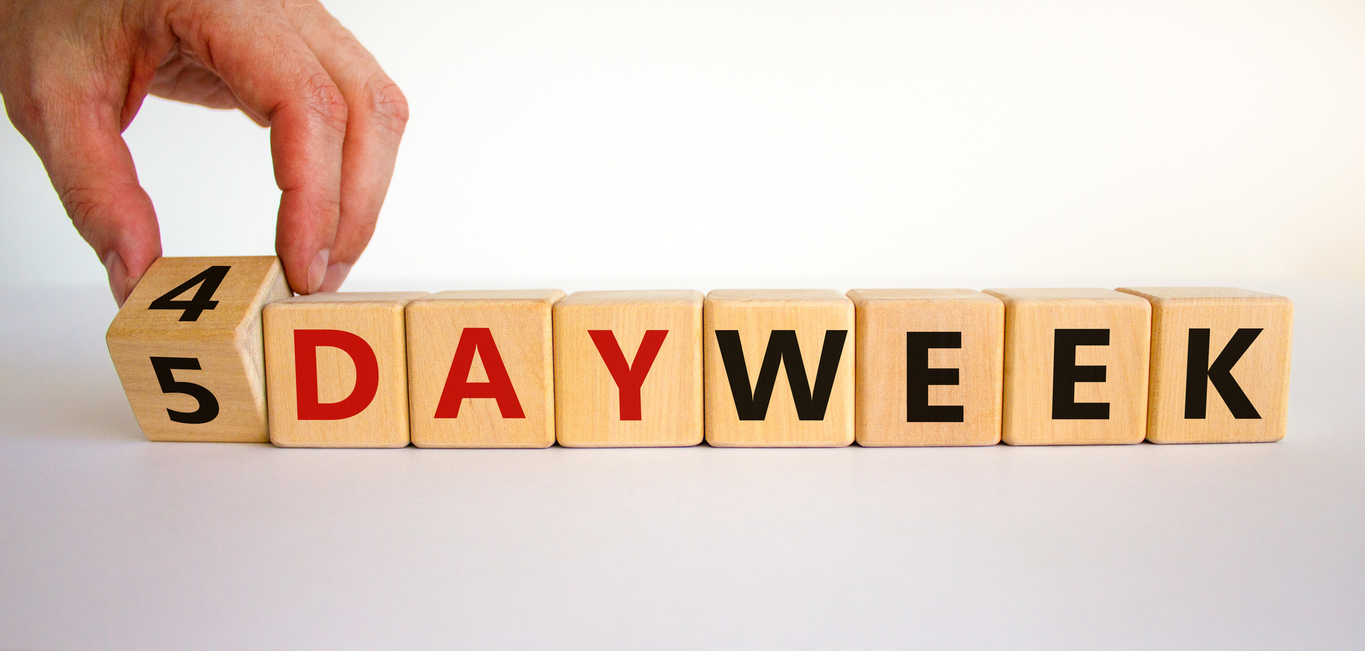 4 or 5 Work Day per Week Symbol. Businessman Turns the Cube and Changes Words '5 Day Week' to '4 Day Week'. Beautiful White Background. Copy Space. Business and 4 or 5 Day Week Concept.